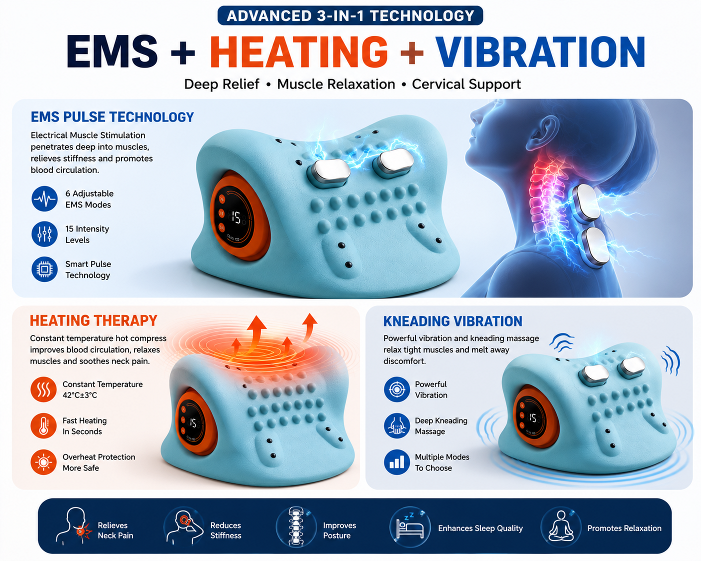 Electric Neck Massager Pillow – Cervical Traction & Vibration Relief